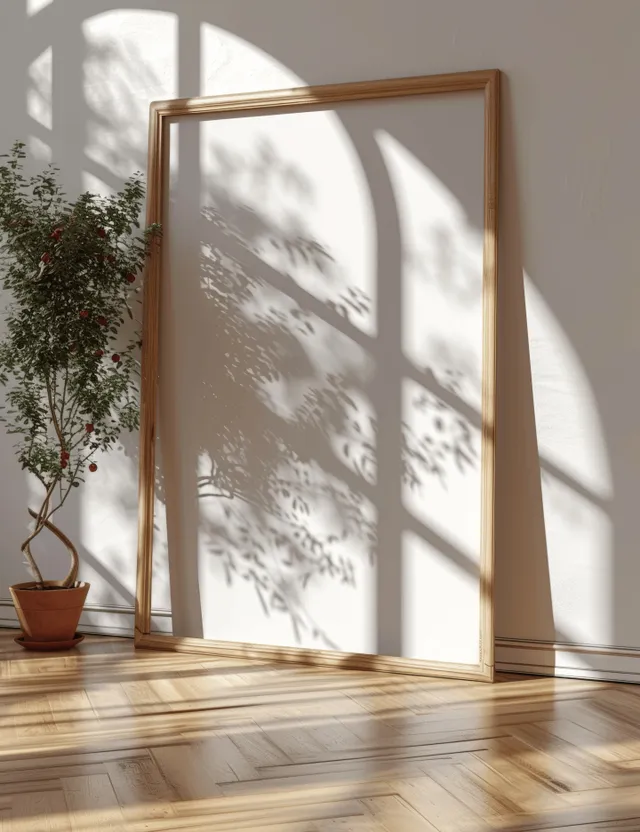Sunlit empty wooden picture frame leaning in minimalist interior with patterned shadows