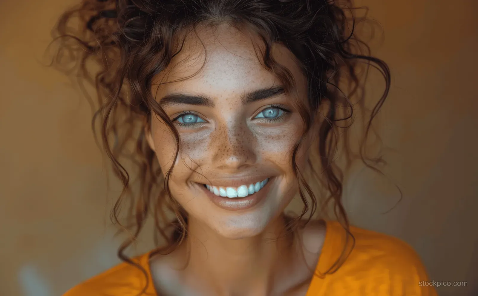 A curly-haired young woman smiles and laughs at the camera in an orange t-shirt against a warm brown background.