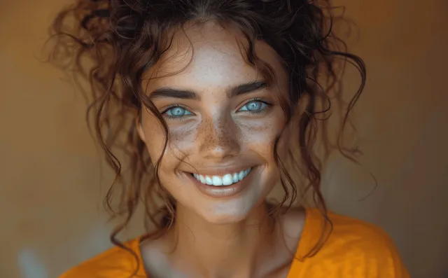 A curly-haired young woman smiles and laughs at the camera in an orange t-shirt against a warm brown background.