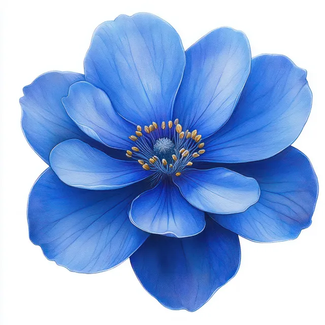 Blue flower close-up with yellow stamens and layered petals on clean light background