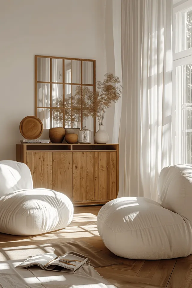 Minimal living room with white armchairs, wooden sideboard, decorative objects, and sheer curtains lit by sunlight.