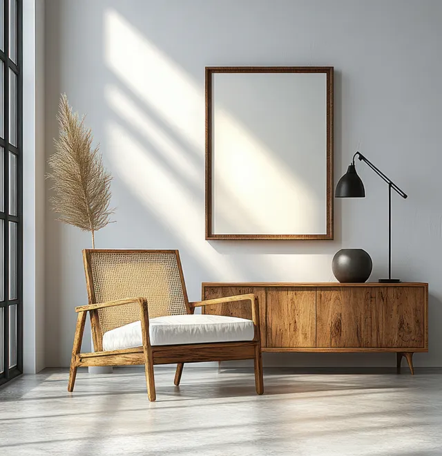 Wooden chair and sculptural lamp sit beside a wooden cabinet on a pale floor under sunlit white wall shadows.