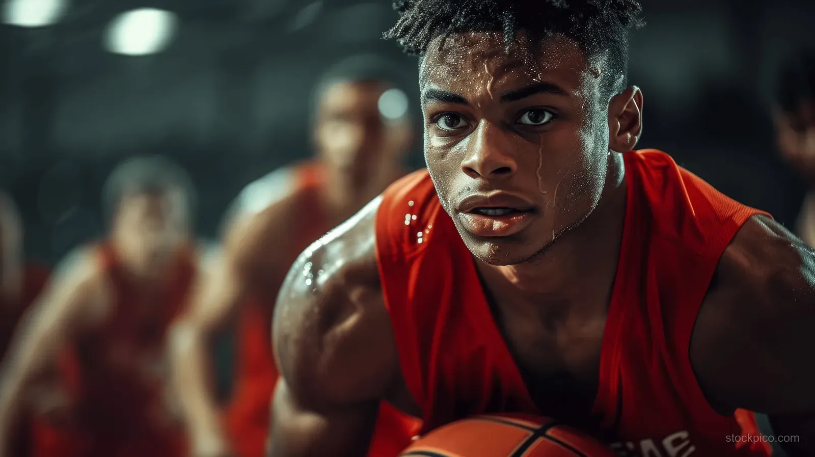 A basketball player in a red jersey dribbles forward on an indoor court under bright arena lights.
