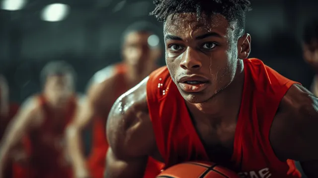 Basketball player driving forward on indoor court under bright arena lights