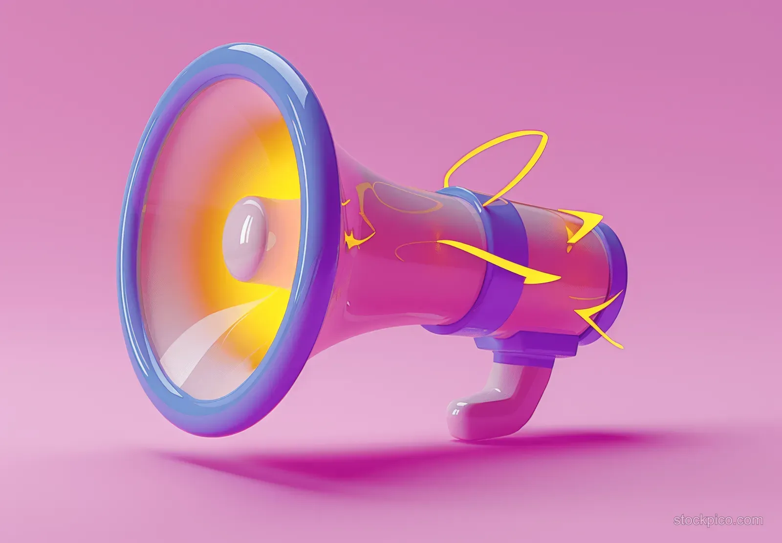 A cartoon megaphone with a yellow lightning bolt sits on a pink gradient background in isometric 3D.