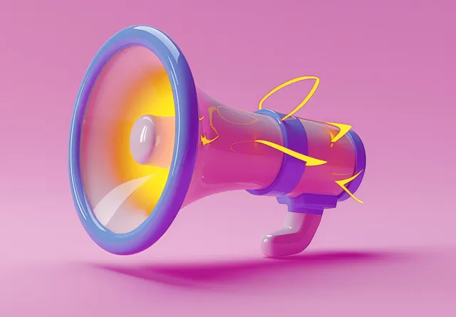 Cartoon megaphone with lightning bolt symbol on pink background, isometric 3D view