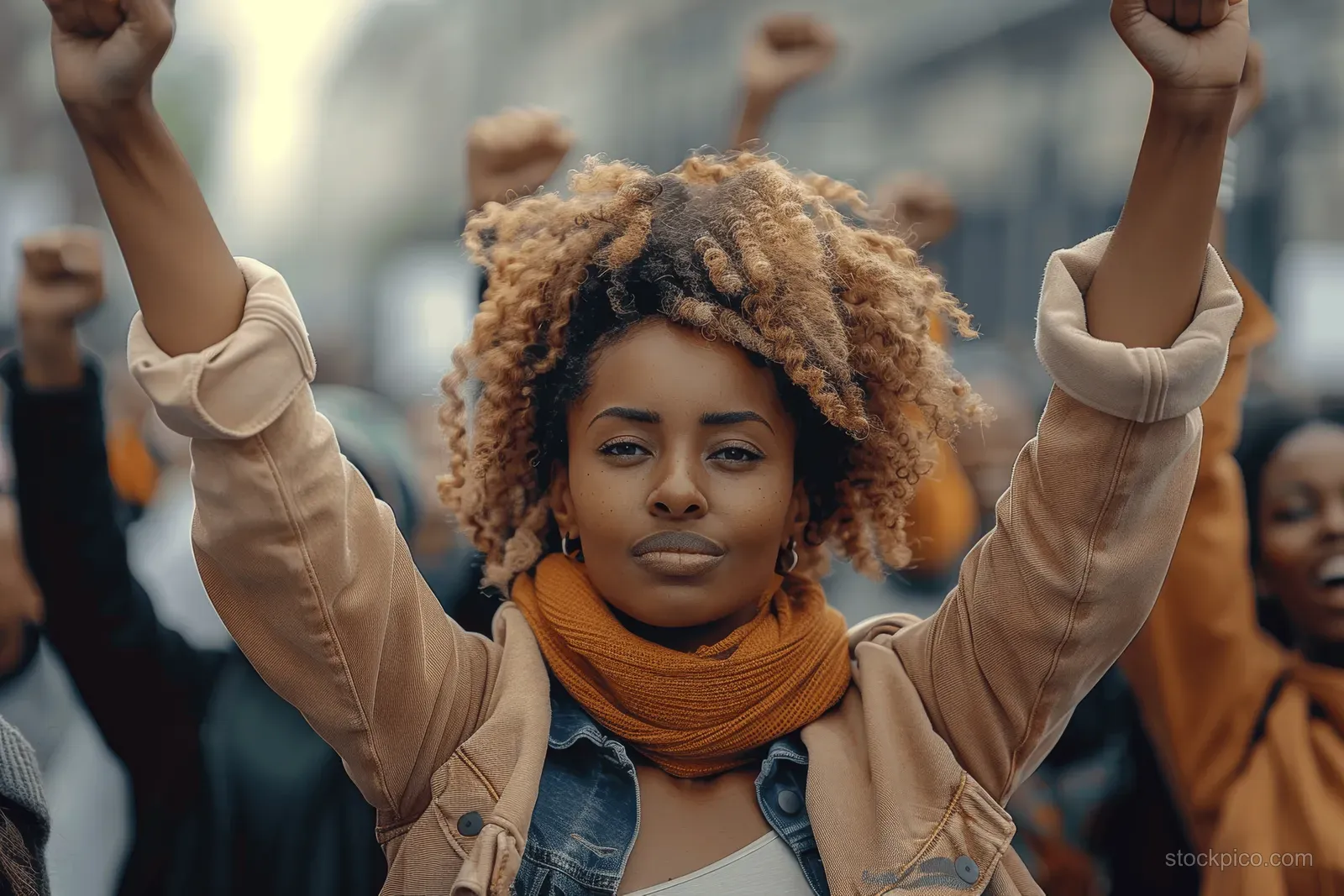 A young Black woman raises both arms at a city protest with other demonstrators behind her.