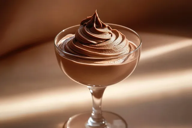 A glass dessert cup filled with swirled chocolate mousse under warm natural light and sunbeam shadows.