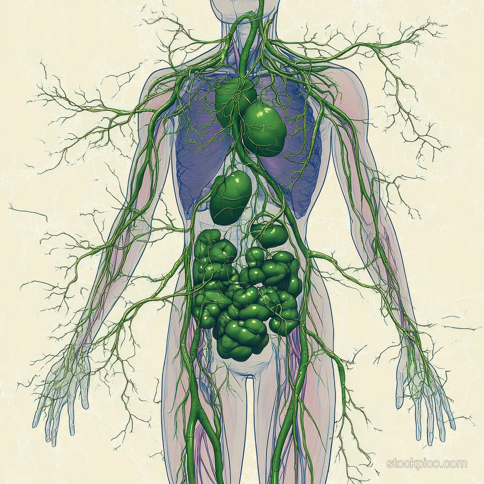 Green lymphatic vessels and clustered lymph nodes are illustrated across a human chest and abdomen outline.