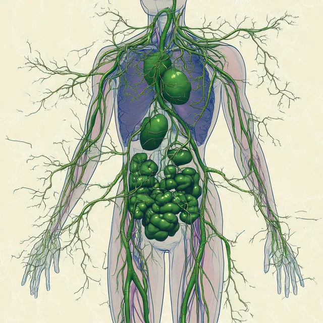 Green lymphatic vessels and clustered lymph nodes are illustrated across a human chest and abdomen outline.
