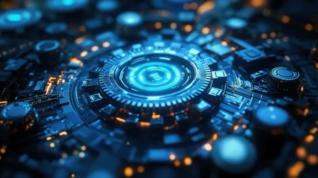 Futuristic circuit board processing data with glowing core and network connections