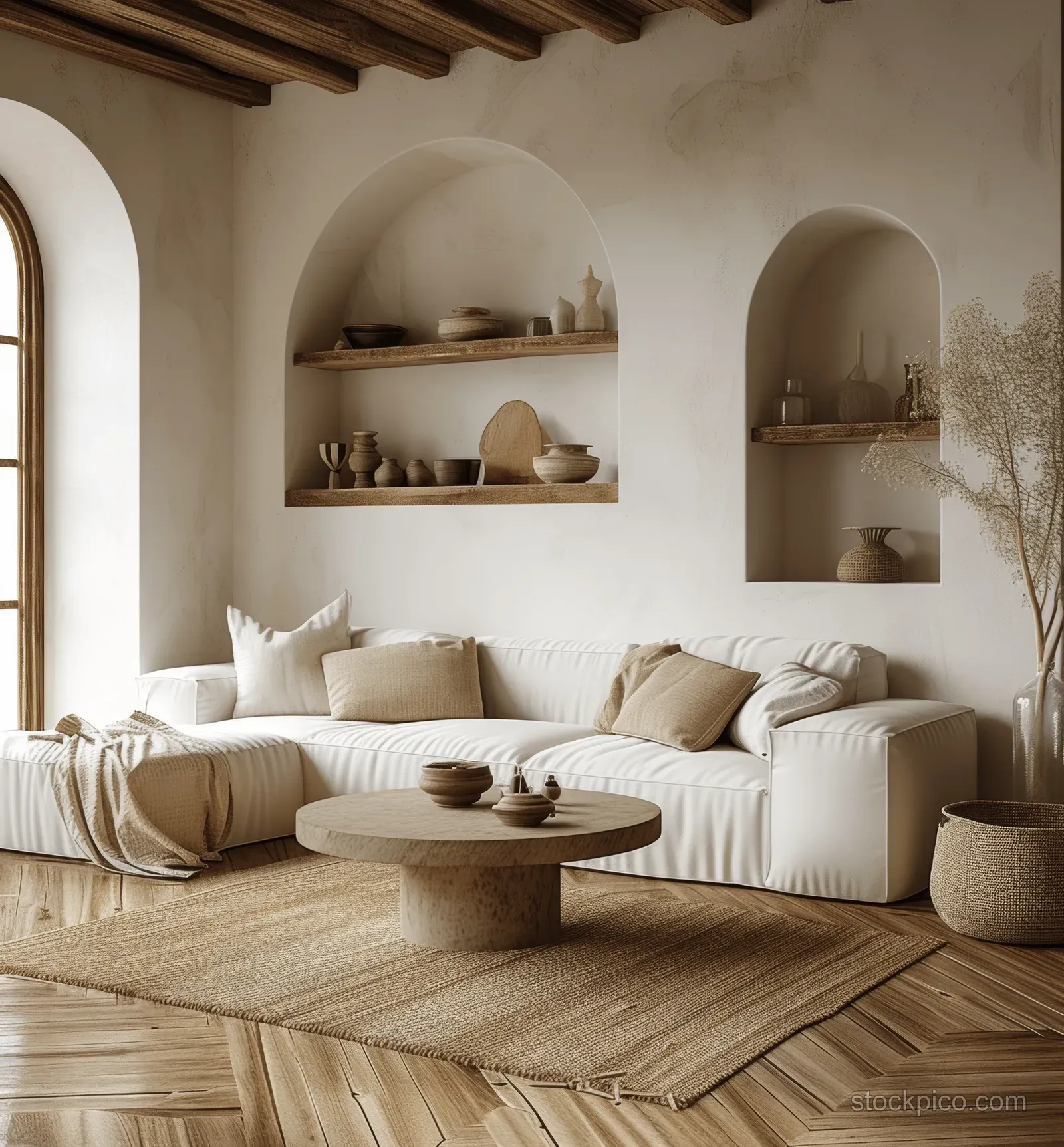 Neutral sofa sits in a minimalist bohemian living room with arched shelves and a wooden coffee table in warm daylight.