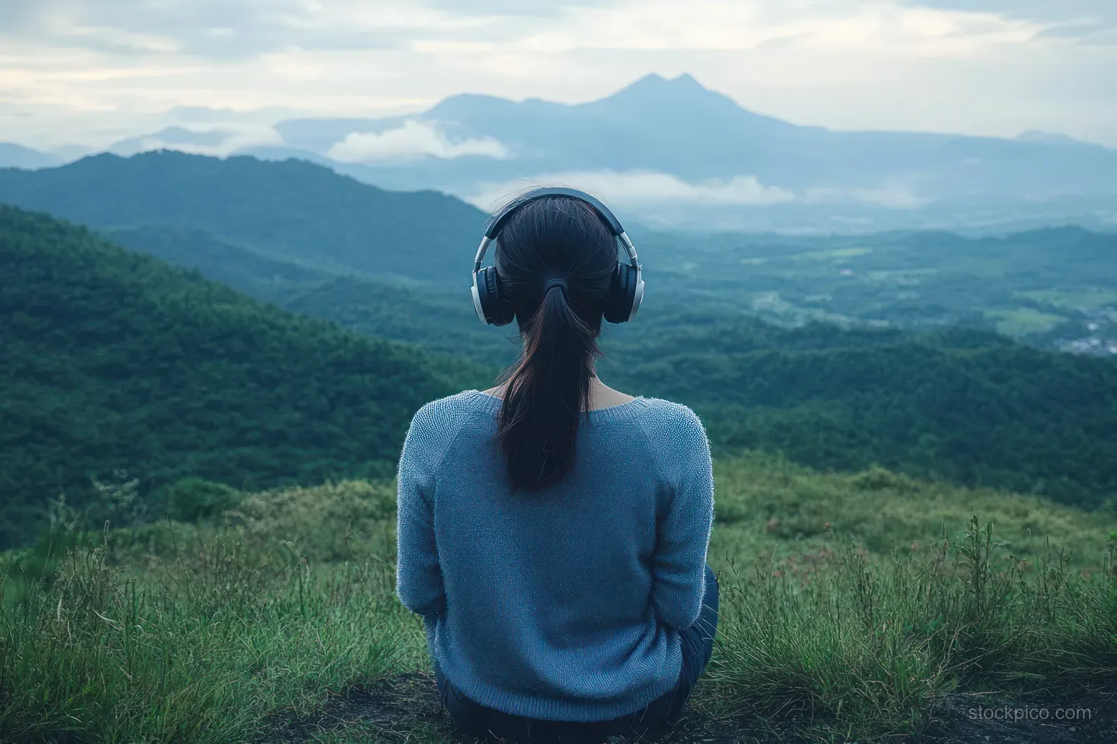 A woman in over-ear headphones sits on a grassy mountain ridge facing misty valleys at dawn.