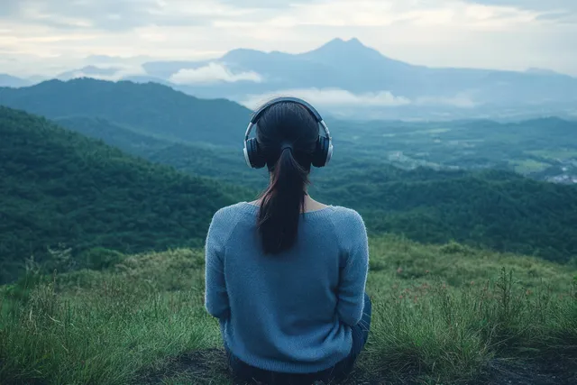 Woman wearing headphones seated on a ridge, listening to music at dawn.