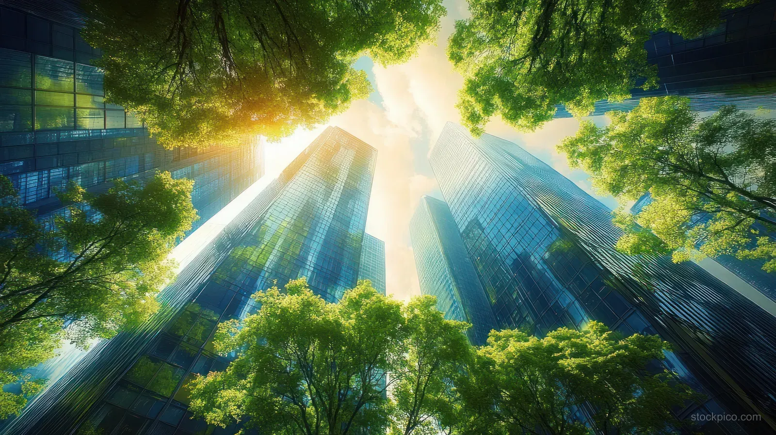 Sunlight streams between green-covered skyscrapers with tree canopy silhouettes overhead.