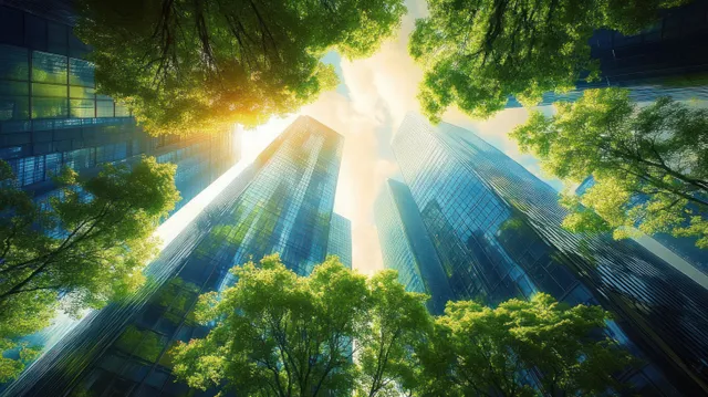Sunlight streams between green-covered skyscrapers with tree canopy silhouettes overhead.