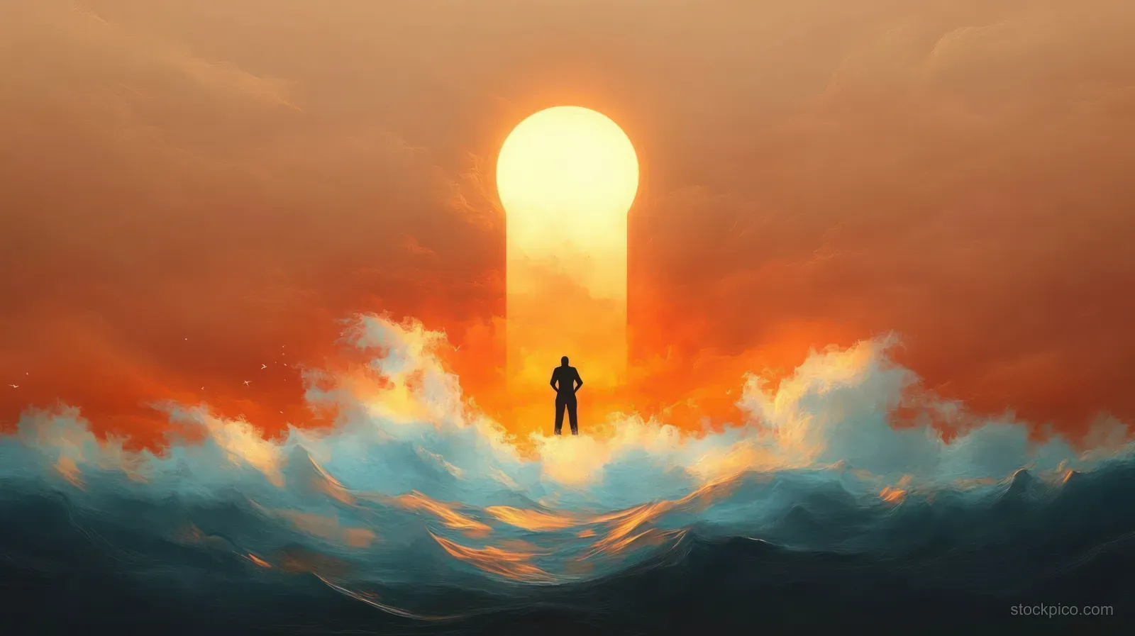 A lone silhouette stands in crashing waves facing a glowing keyhole-shaped light against a fiery orange sky.