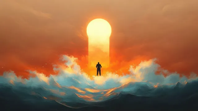 Silhouette stands before glowing keyhole light amid roaring waves under fiery orange clouds