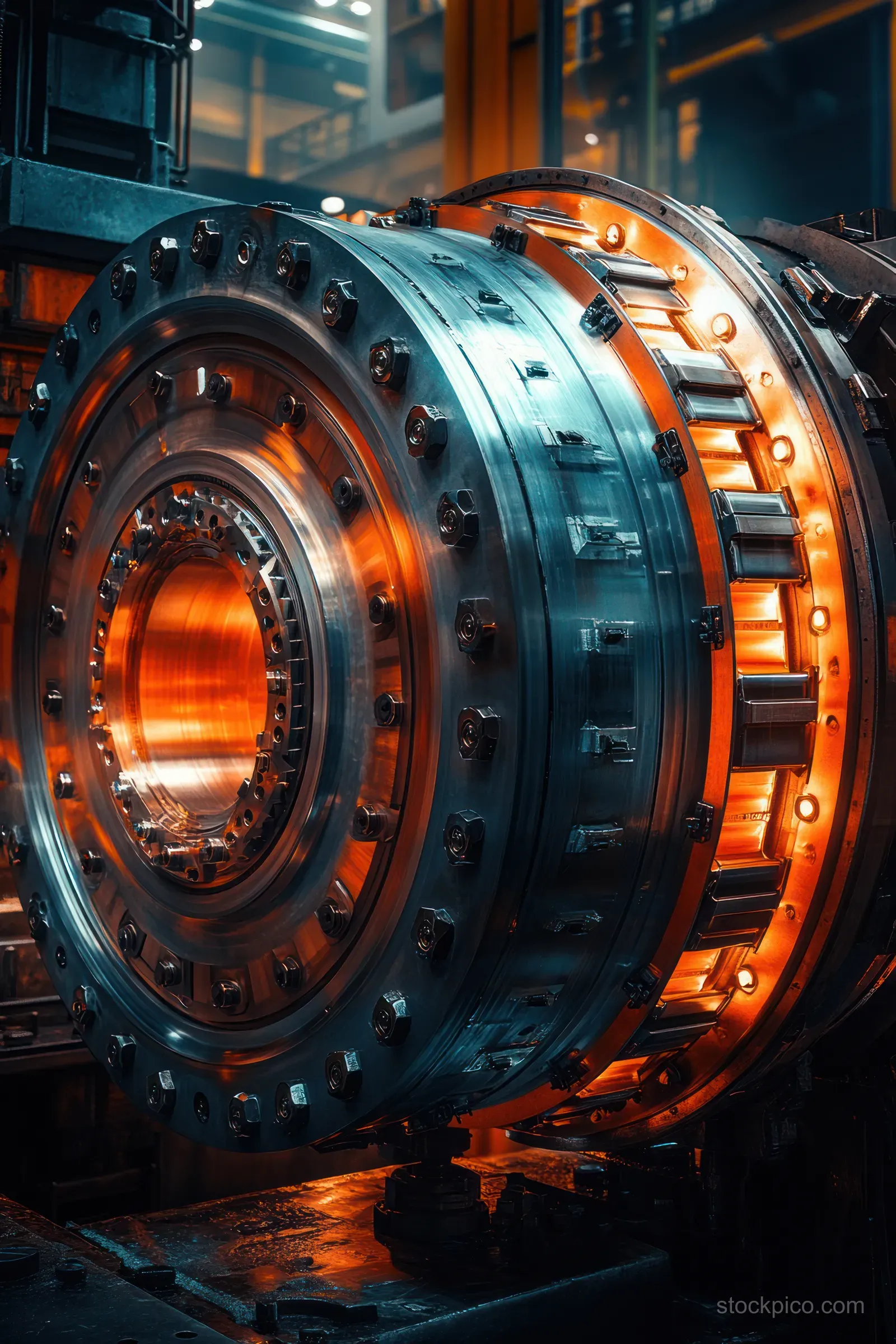 A red-lit turbine housing spins on a factory floor, surrounded by metallic parts and sparks.