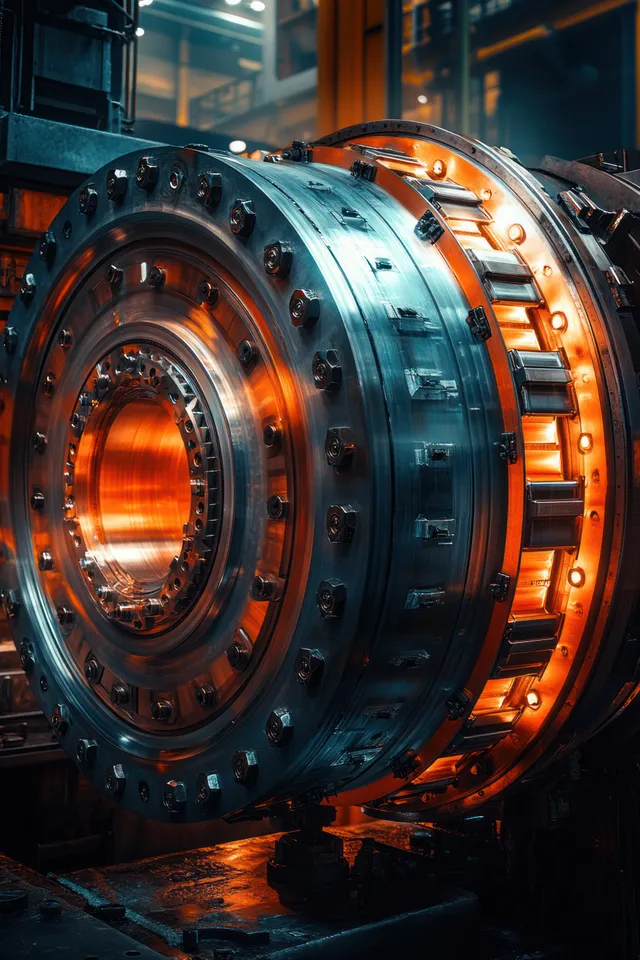 A red-lit turbine housing spins on a factory floor, surrounded by metallic parts and sparks.