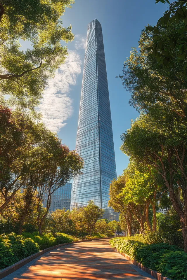 A sunlit paved walkway in a green park frames a tall glass skyscraper against a blue sky with clouds.