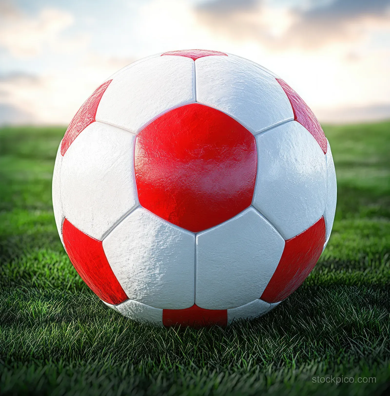 Japanese-flag soccer ball rolling on a sunlit grass pitch with blurred stadium background.