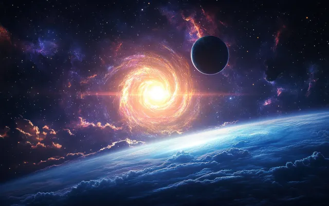 Glowing nebula galaxy over Earth with silhouetted black planet and distant stars