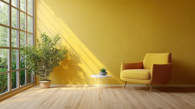 Mustard armchair and small white table in a minimalist living room with yellow wall and sunlit window.