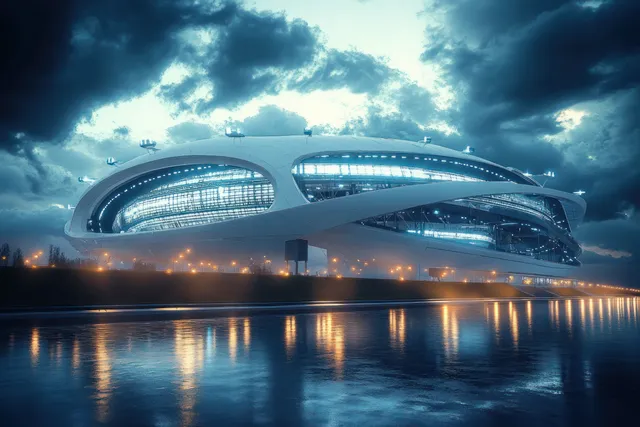 Neon-lit futuristic stadium exterior at night with clouds overhead and reflections on wet water.