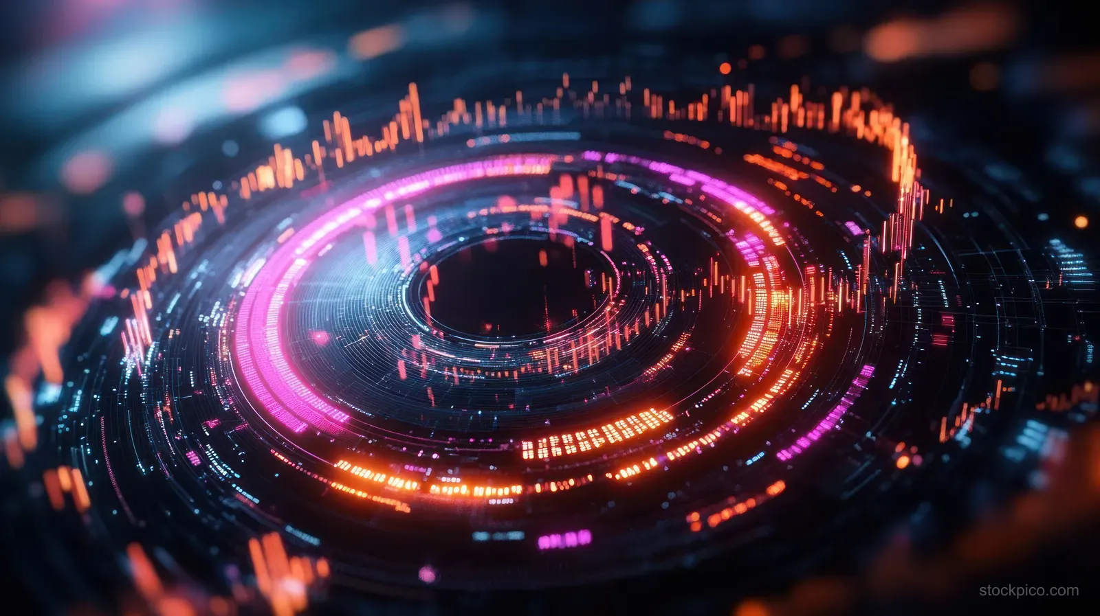 Neon orange and pink circular interface ring visualizing animated data streams on a dark futuristic dashboard.