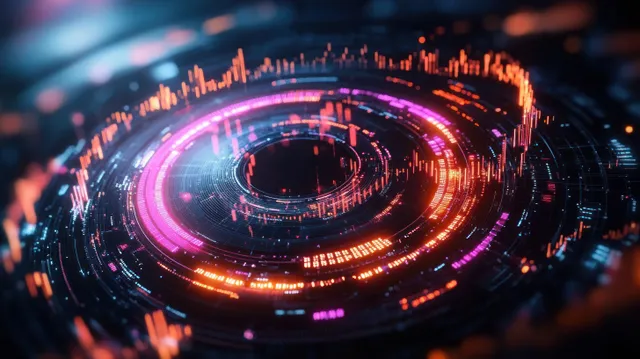 Glowing neon circular interface displaying animated data streams in futuristic cyber dashboard