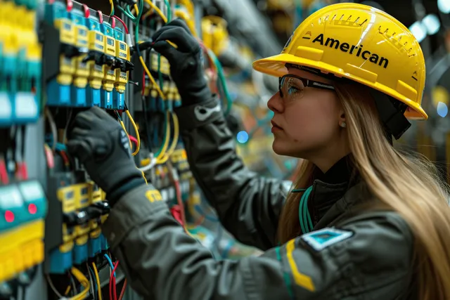A female electrician in protective gear tests circuits in a wall-mounted electrical panel with a multimeter.