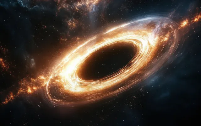 A glowing ringed black hole swirls inward against a starry nebula background.