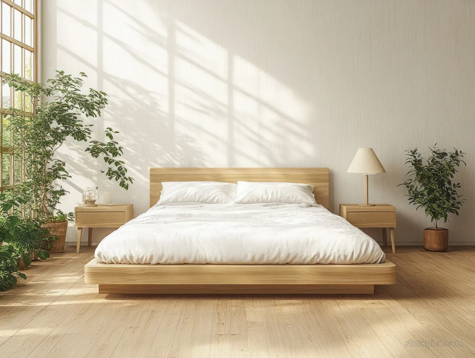 Minimalist bedroom with a wooden bed, white duvet, bedside lamp, and potted plants lit by bright window light.
