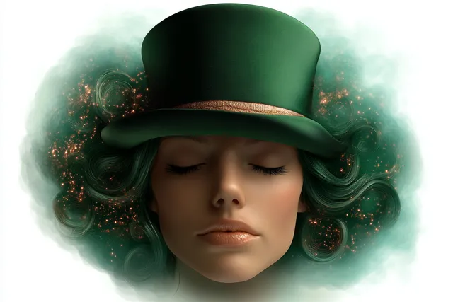 Ethereal, partially obscured female face framed by a green nebula halo and swirling cosmic light.