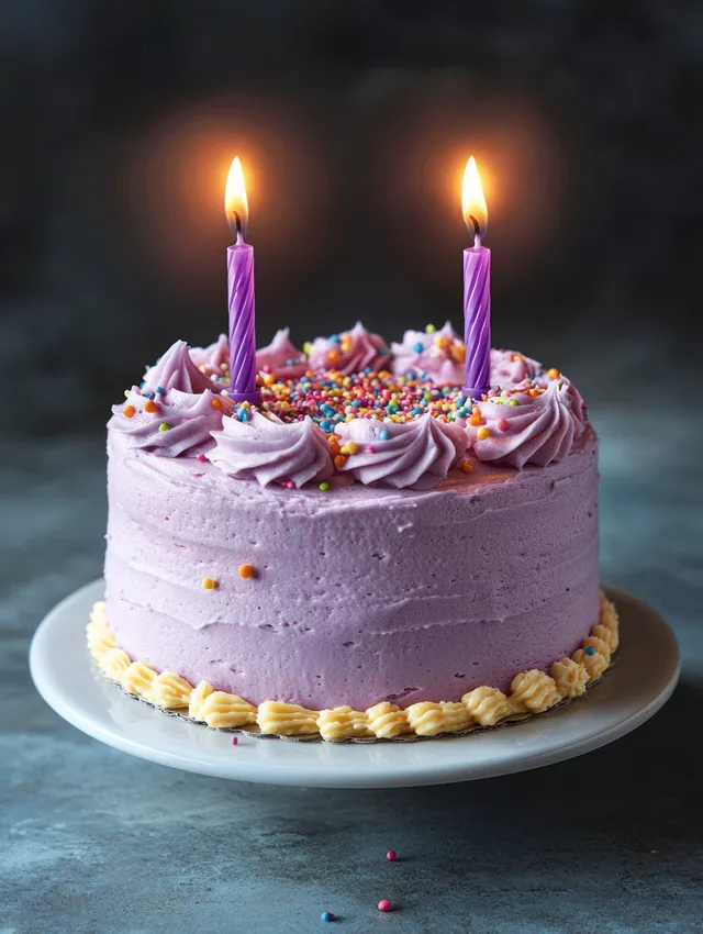 Purple frosted round cake on white stand with sprinkles and two lit spiral candles