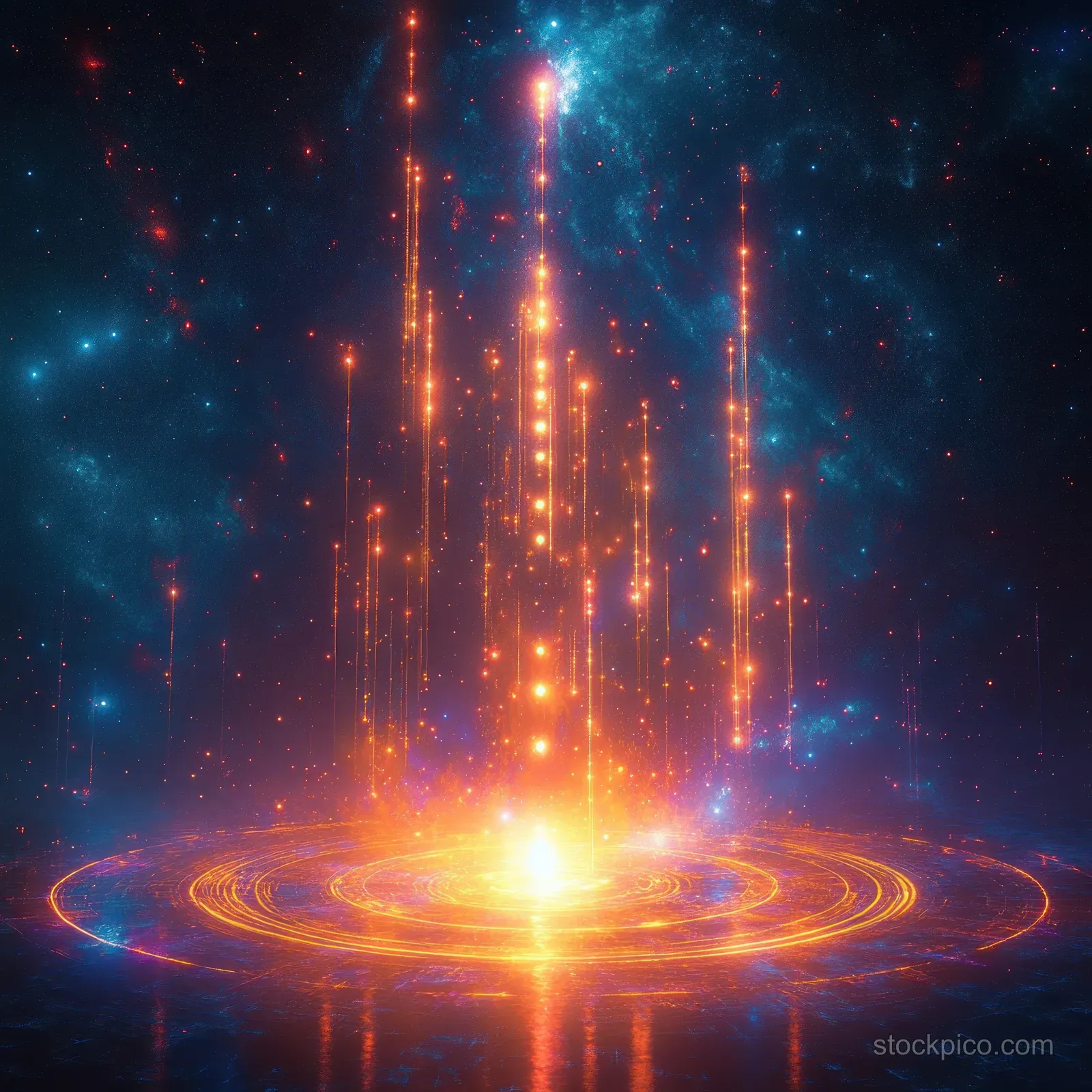 A radiant neon portal emits vertical light beams surrounded by sacred geometry rings over a cosmic dark background.