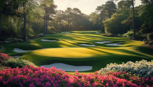 Sunlit golf fairway lined with pink and white flowers, trees, and deep morning shadows.