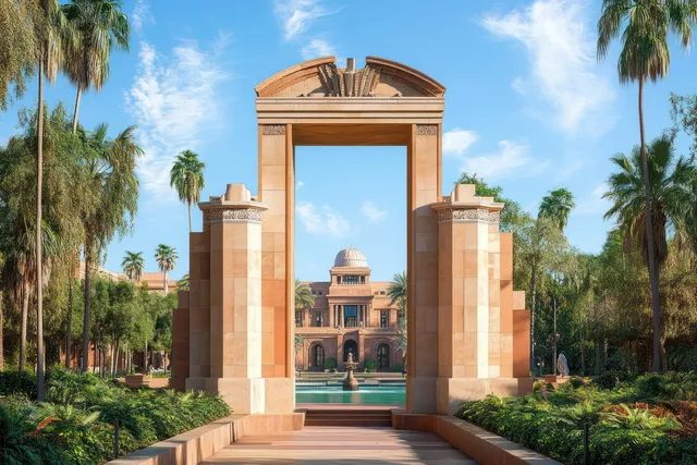 Stone archway entrance framed by palm trees and greenery, revealing a domed historic building under a clear blue sky.