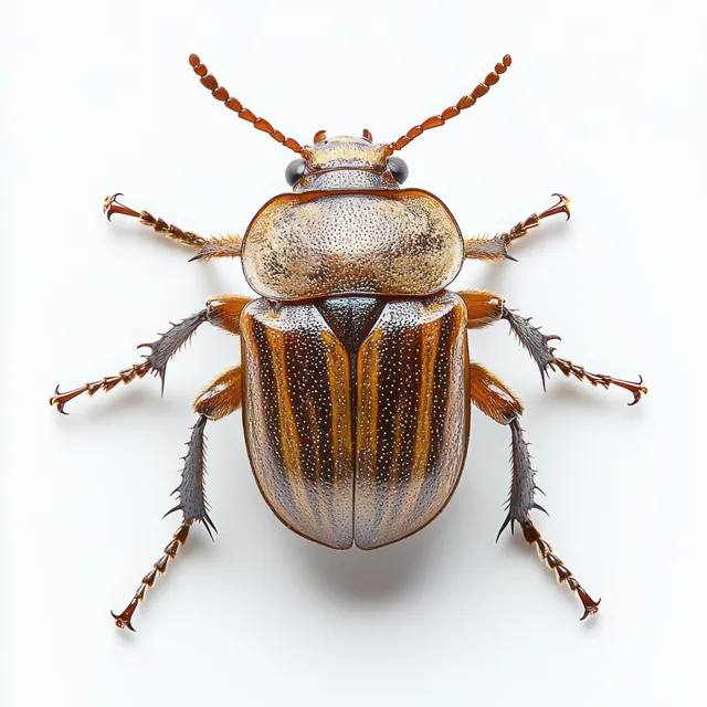 Close-up of a brown beetle on a white background, showing striped textured exoskeleton and segmented legs.