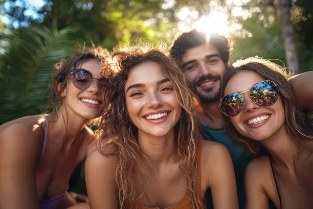 Diverse family taking a sunny selfie outdoors, smiling closely in lush greenery