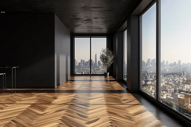 Minimalist apartment living room with herringbone wood floor and skyline view through floor-to-ceiling windows