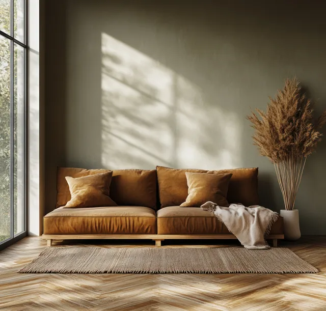 Brown modern couch with pillows and a pampas grass arrangement sits beside a window casting soft natural light.