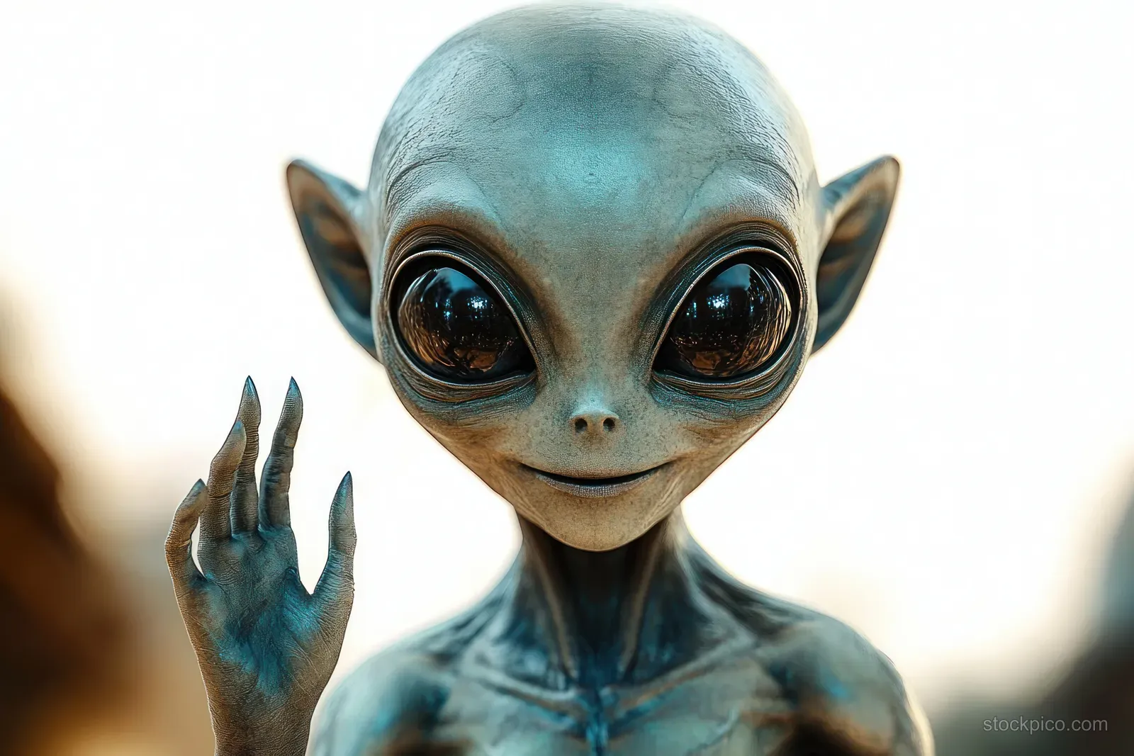 Small gray alien figure with pointed ears and large black eyes waving a raised hand outdoors in soft light.