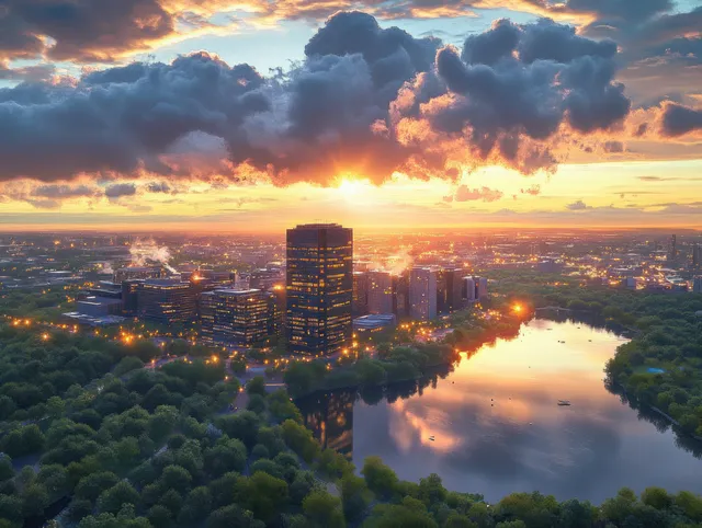 Bloomington Minnesota skyline over Lake Normandale at sunrise with glowing clouds and reflections