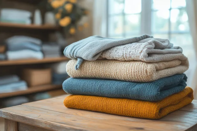 Folded shirts and knit clothes stacked on a wooden table in a softly lit cozy living room.