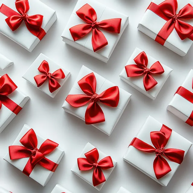 Flat lay of white gift boxes tied with shiny red satin bows on a light surface.
