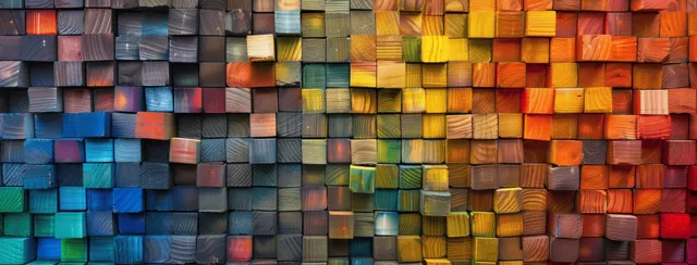 Rainbow wooden blocks stacked in a textured grid wall with varied paint tones
