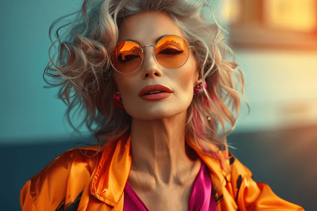 Senior woman laughs in orange mirrored sunglasses, vibrant street light blur background
