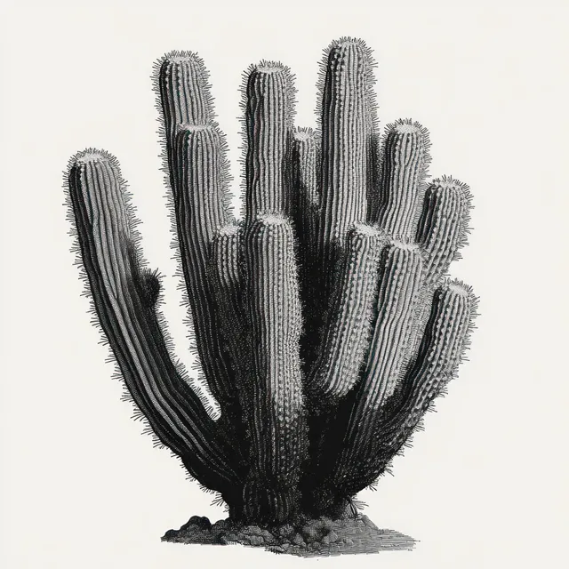 Monochrome illustration of a multi-branched cactus with ribbed stems and dense spines rising from a small mound.
